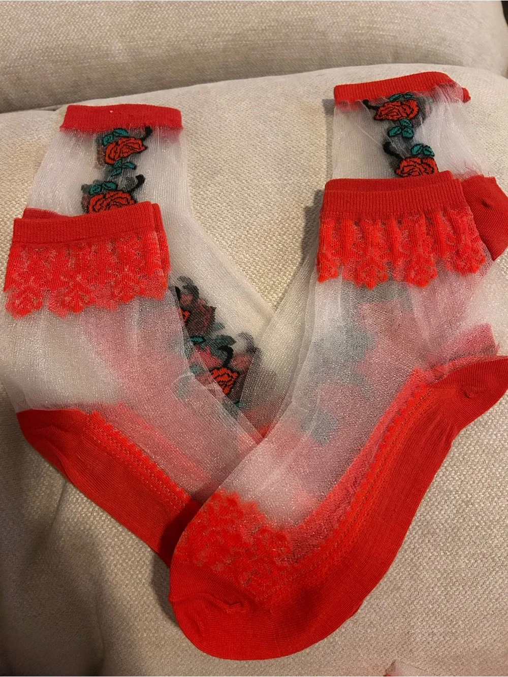 Source Unknown Sheer Red Floral Embroidered Ankle Socks…all 4 pairs..